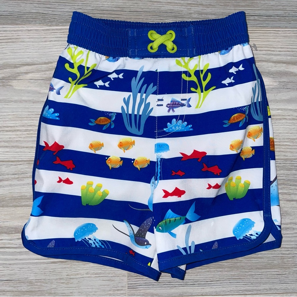 Wonder Nation Baby Boys Swim Trunks 18 Months Blue Striped Fish Underwater